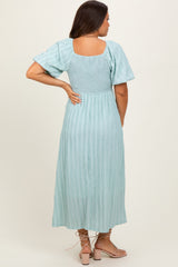 Mint Green Smocked V-Neck Short Puff Sleeve Textured Maternity Midi Dress