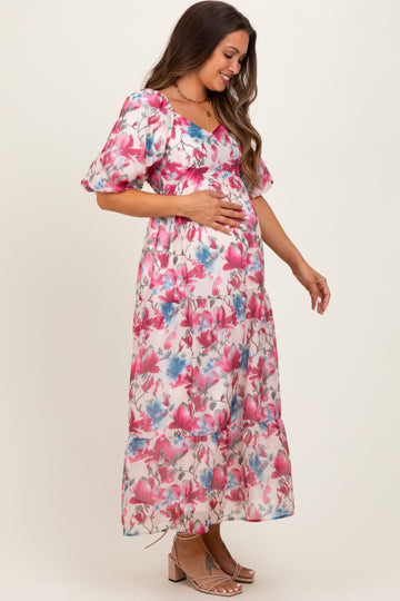 Pink Floral Tiered Puff Sleeve Maternity Midi Dress