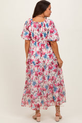 Pink Floral Tiered Puff Sleeve Maternity Midi Dress
