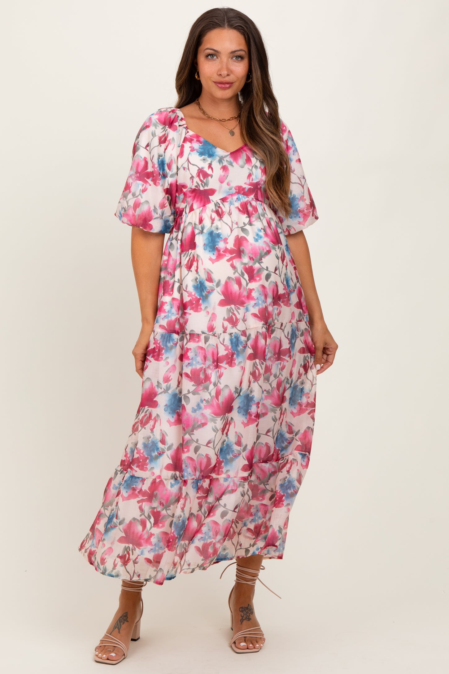 Pink Floral Tiered Puff Sleeve Maternity Midi Dress