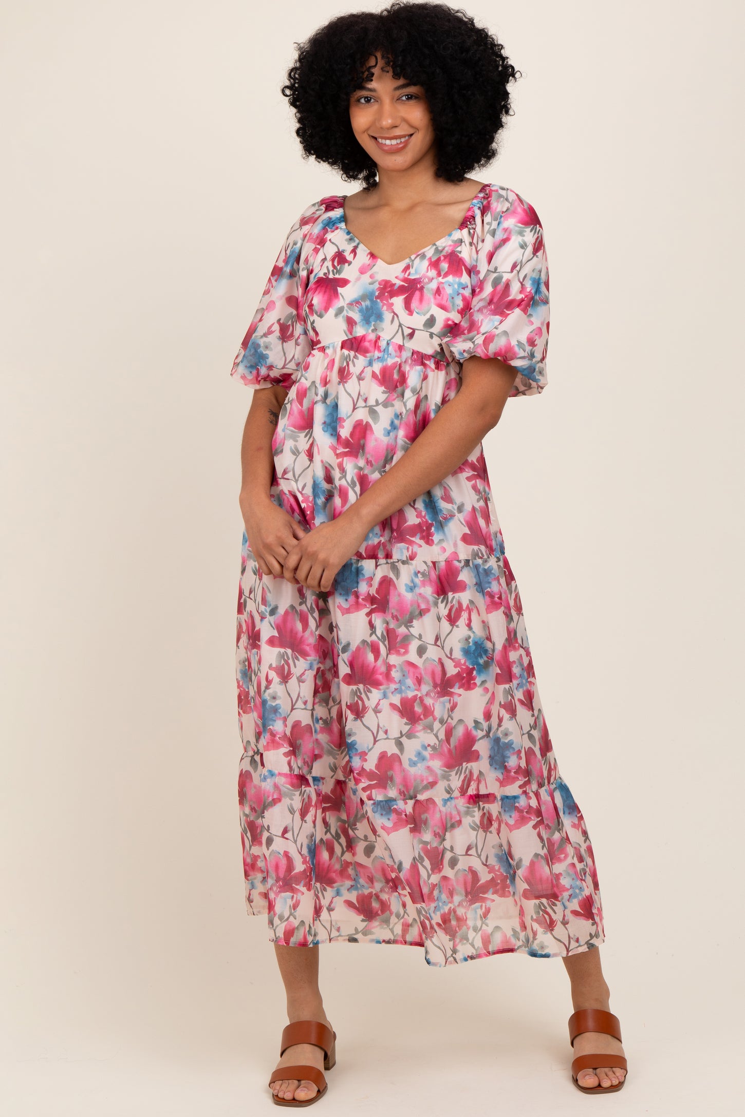 pink floral tiered midi dress Pink Floral Tiered Baby Doll Midi Dress