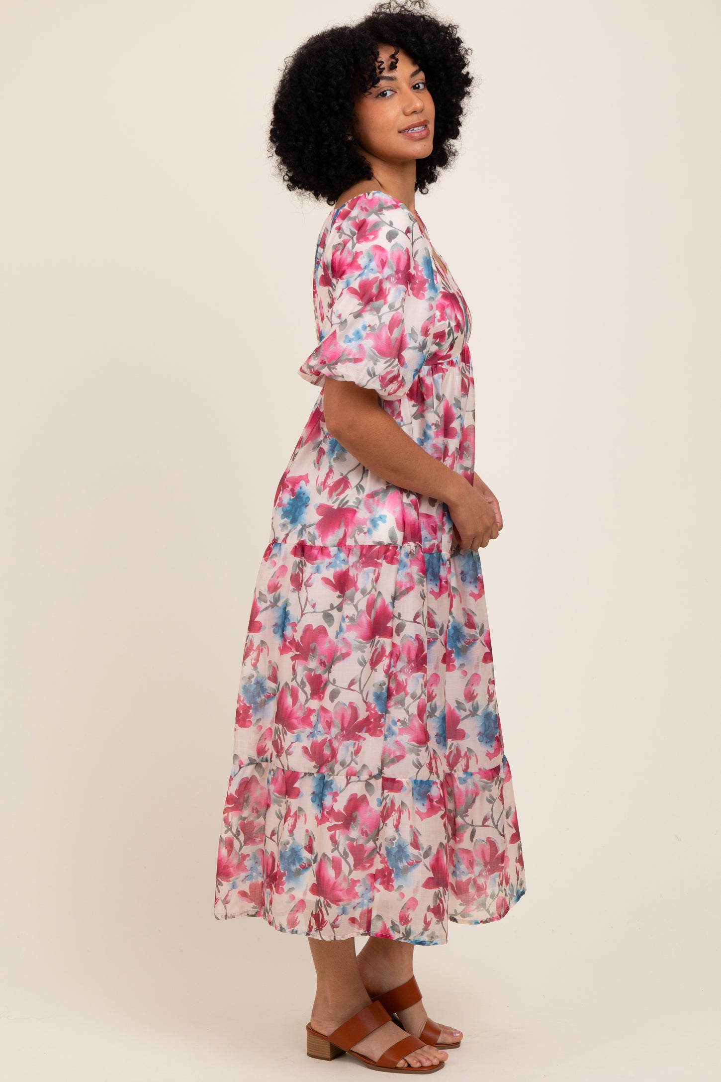 Pink Floral Tiered Puff Sleeve Midi Dress
