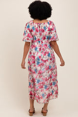 Pink Floral Tiered Puff Sleeve Midi Dress