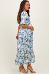 Blue Floral Tiered Puff Sleeve Maternity Midi Dress