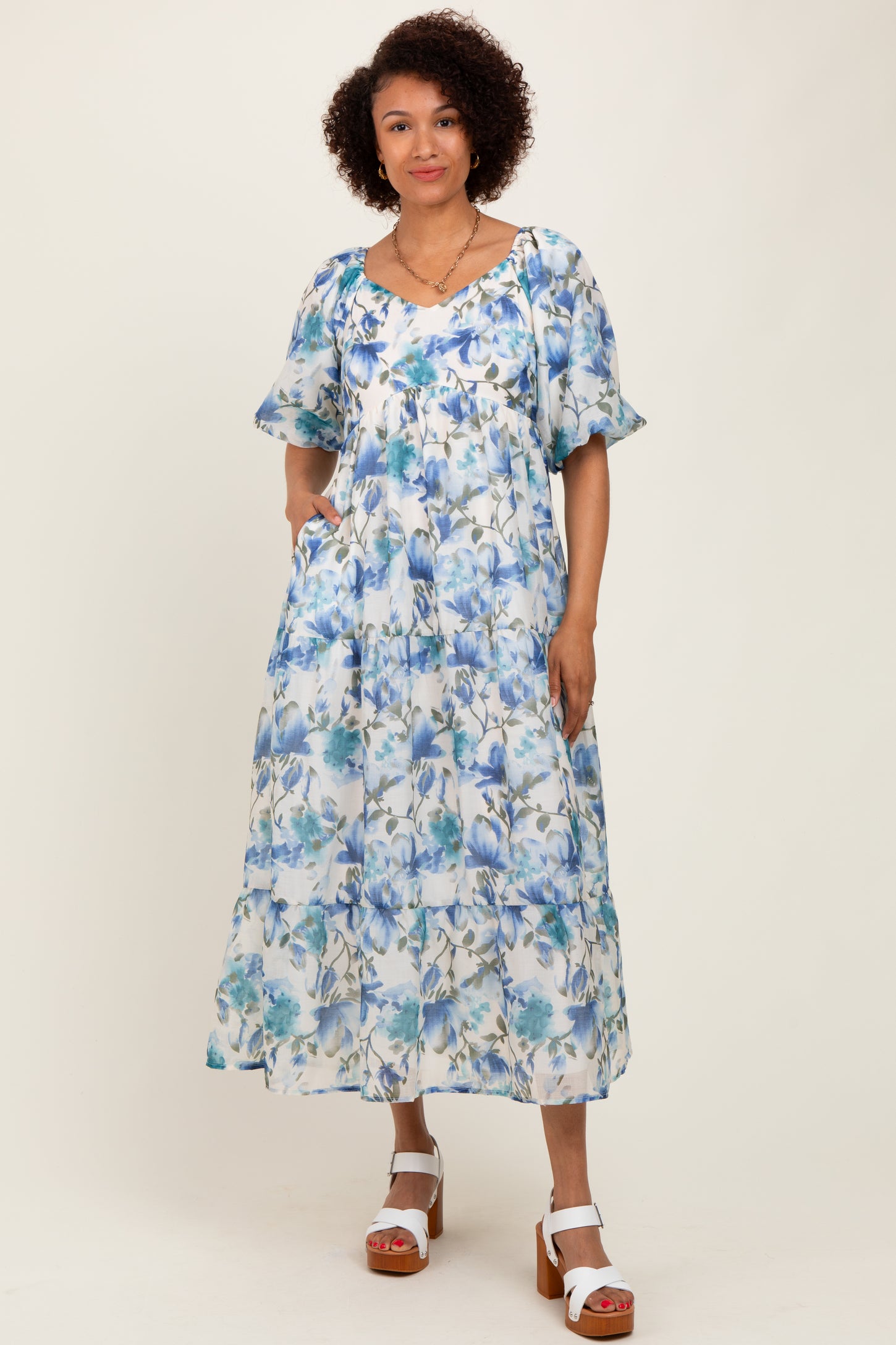 Blue Floral Tiered Puff Sleeve Maternity Midi Dress Blue Floral Tiered Puff Sleeve Maternity Midi Dress