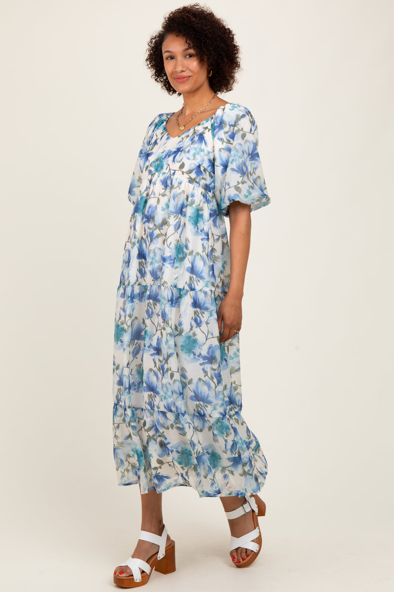 Blue Floral Tiered Puff Sleeve Midi Dress – PinkBlush