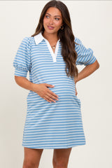 Light Blue Striped Collared Puff Sleeve Maternity Dress
