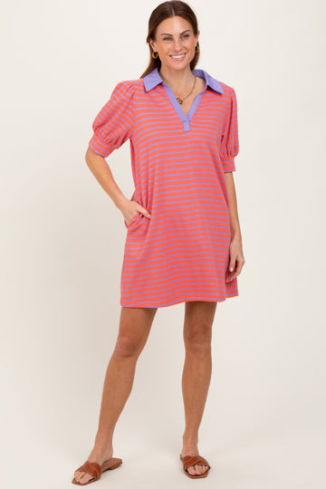 Coral Striped Collared Puff Sleeve Dress