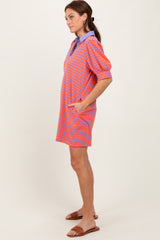 Coral Striped Collared Puff Sleeve Dress