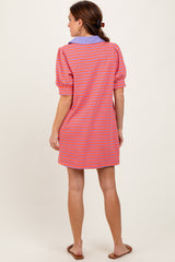 Coral Striped Collared Puff Sleeve Dress