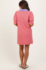 Coral Striped Collared Puff Sleeve Maternity Dress