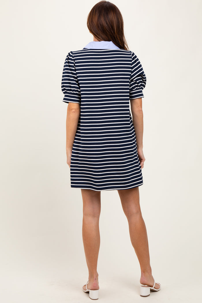 Navy Striped Collared Puff Sleeve Dress