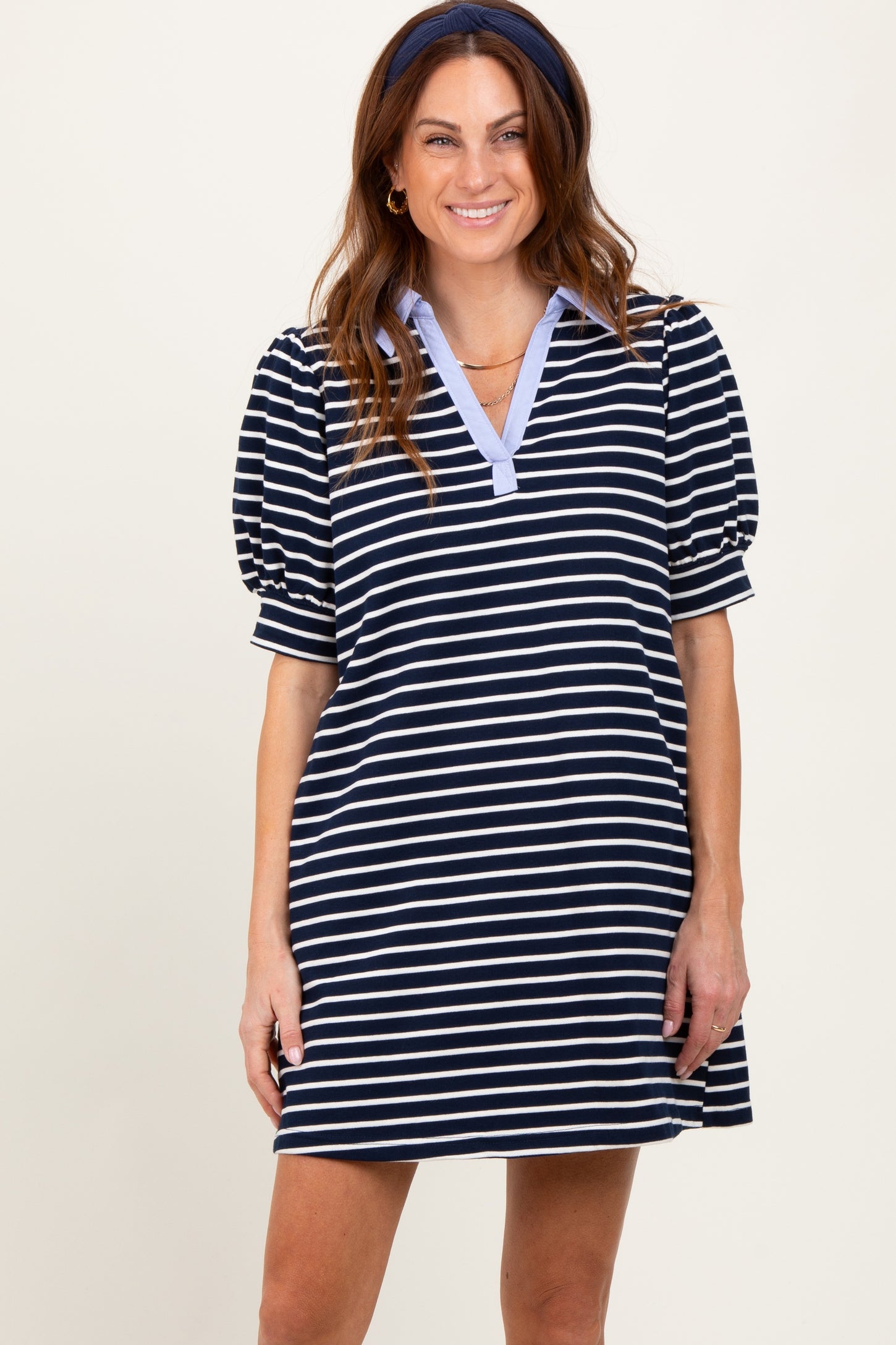 Navy Striped Collared Puff Sleeve Maternity Dress