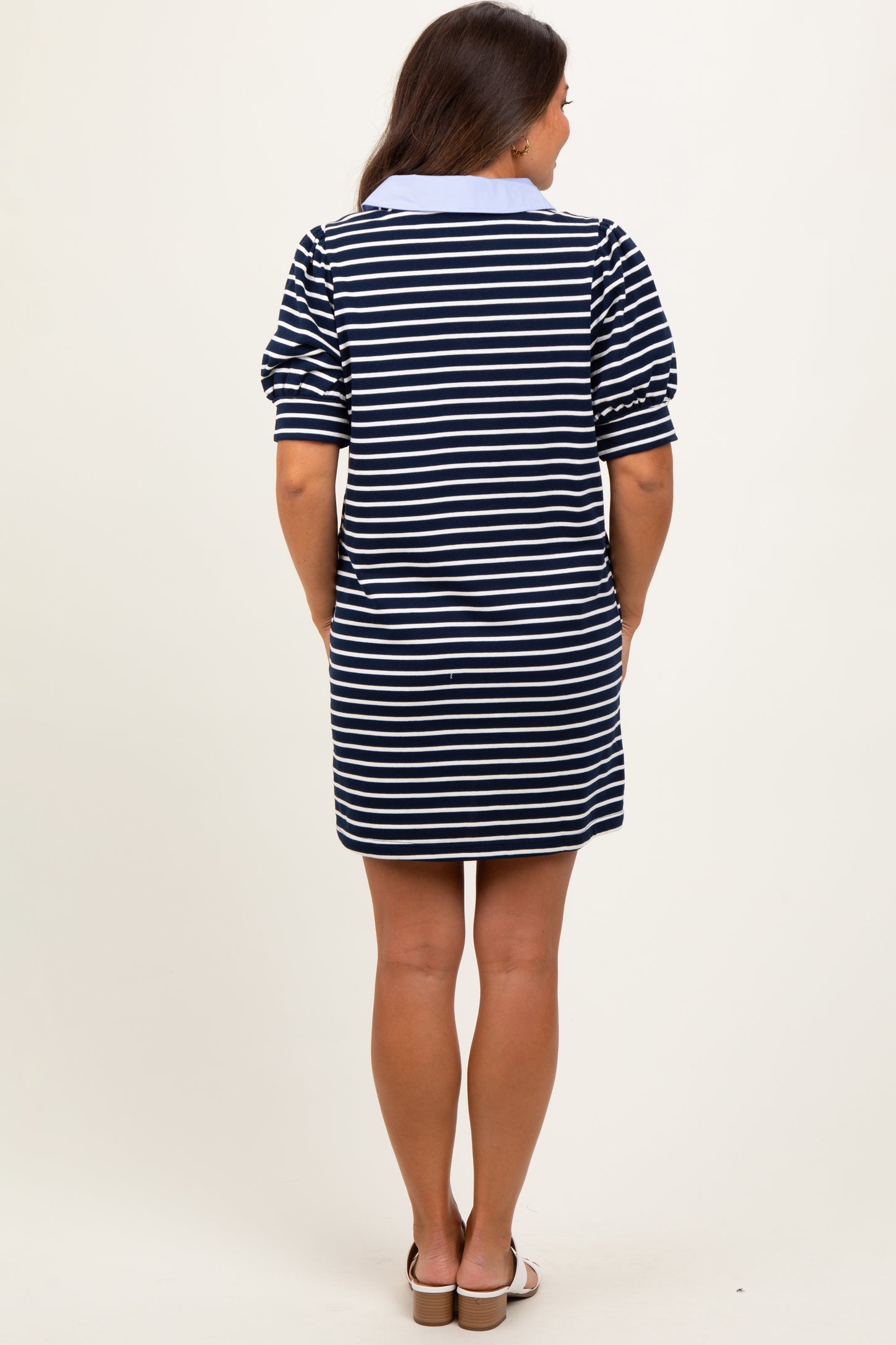 Navy Striped Collared Puff Sleeve Maternity Dress