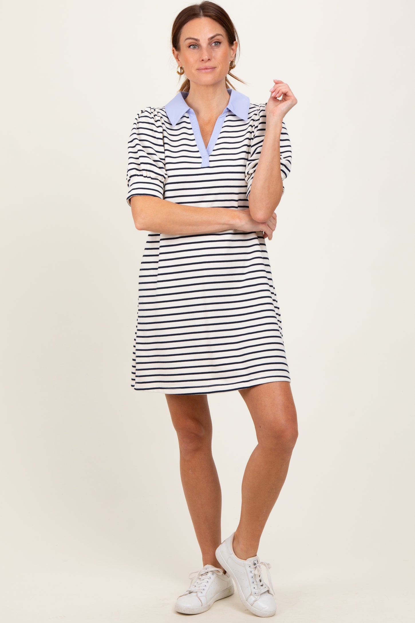 White Striped Collared Puff Sleeve Dress
