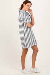 White Striped Collared Puff Sleeve Dress