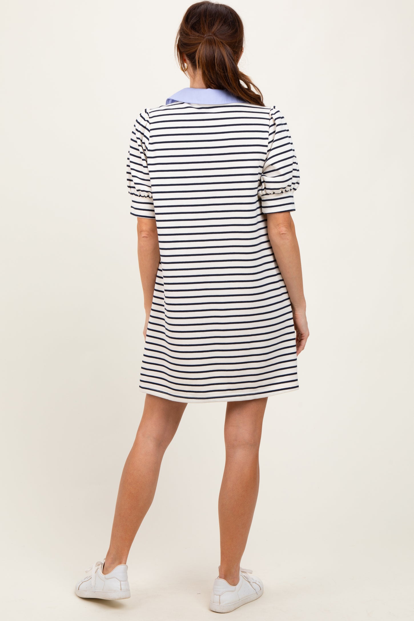White Striped Collared Puff Sleeve Dress