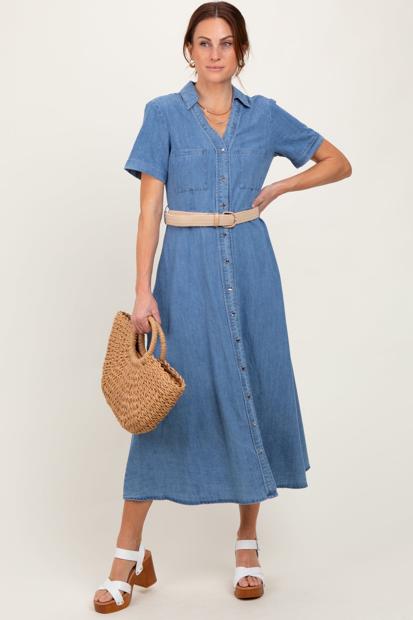 Blue Chambray Button Down Maternity Midi Shirt Dress PinkBlush Blue Chambray Button Down Maternity Midi Shirt Dress PinkBlush