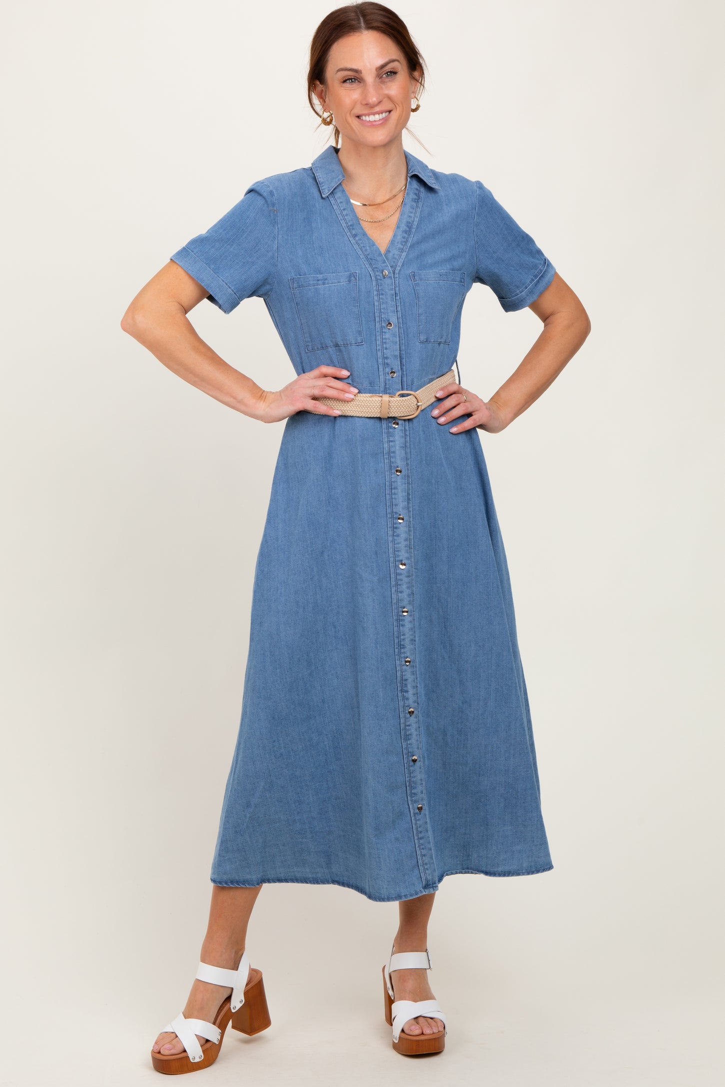 Blue Chambray Button Down Midi Shirt Dress