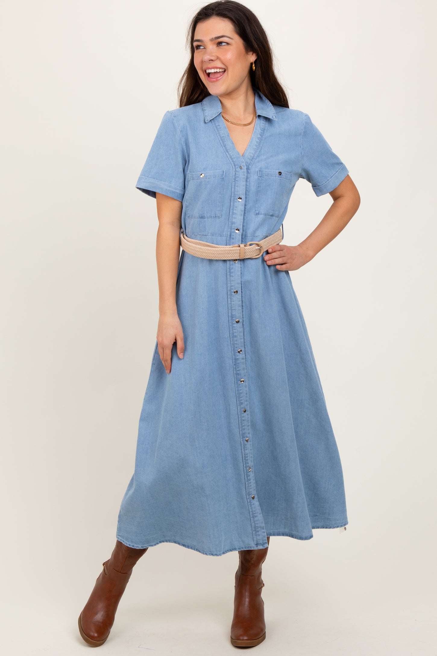 Light Blue Chambray Button Down Midi Shirt Dress