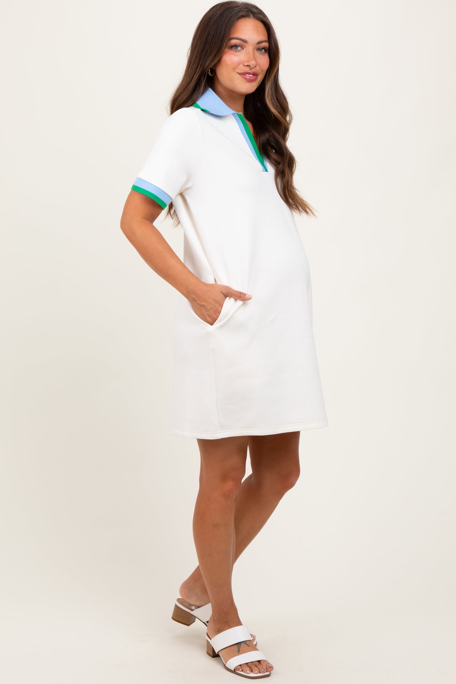 Cream Contrast Trim Maternity Mini Polo Dress