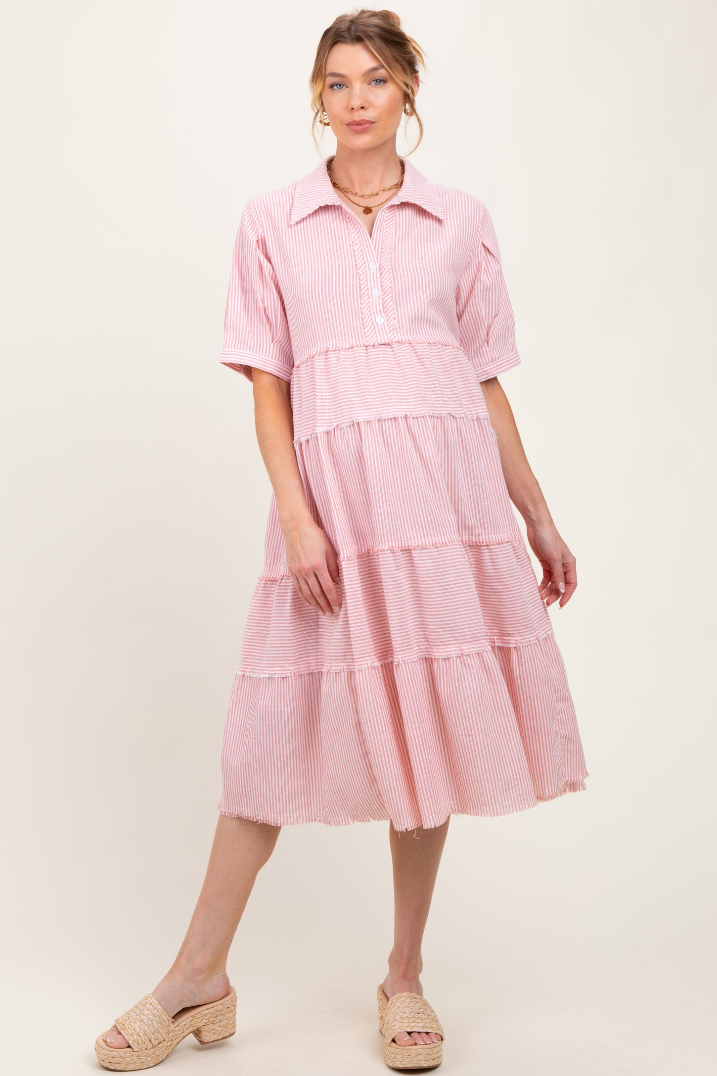 Pink Striped Tiered Raw Hem Maternity Midi Dress