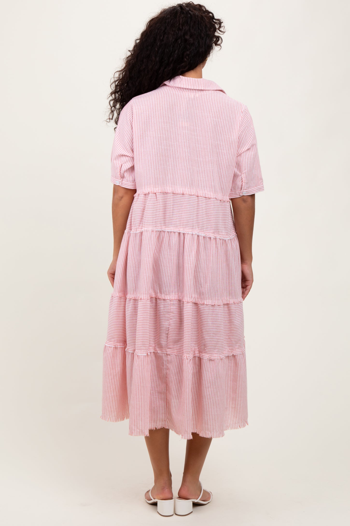 Pink Striped Tiered Raw Hem Midi Dress