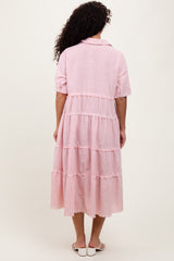 Pink Striped Tiered Raw Hem Midi Dress