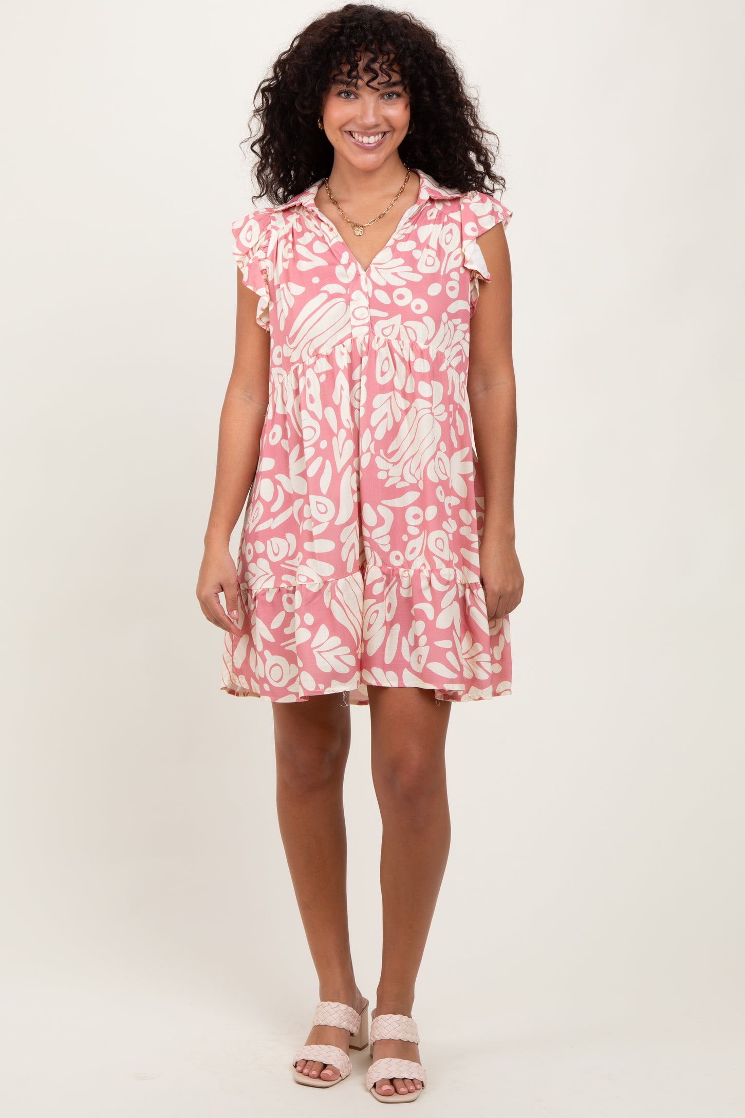 Pink Abstract Print Ruffle Hem Mini Dress