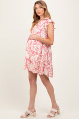 Pink Abstract Print Ruffle Hem Maternity Mini Dress