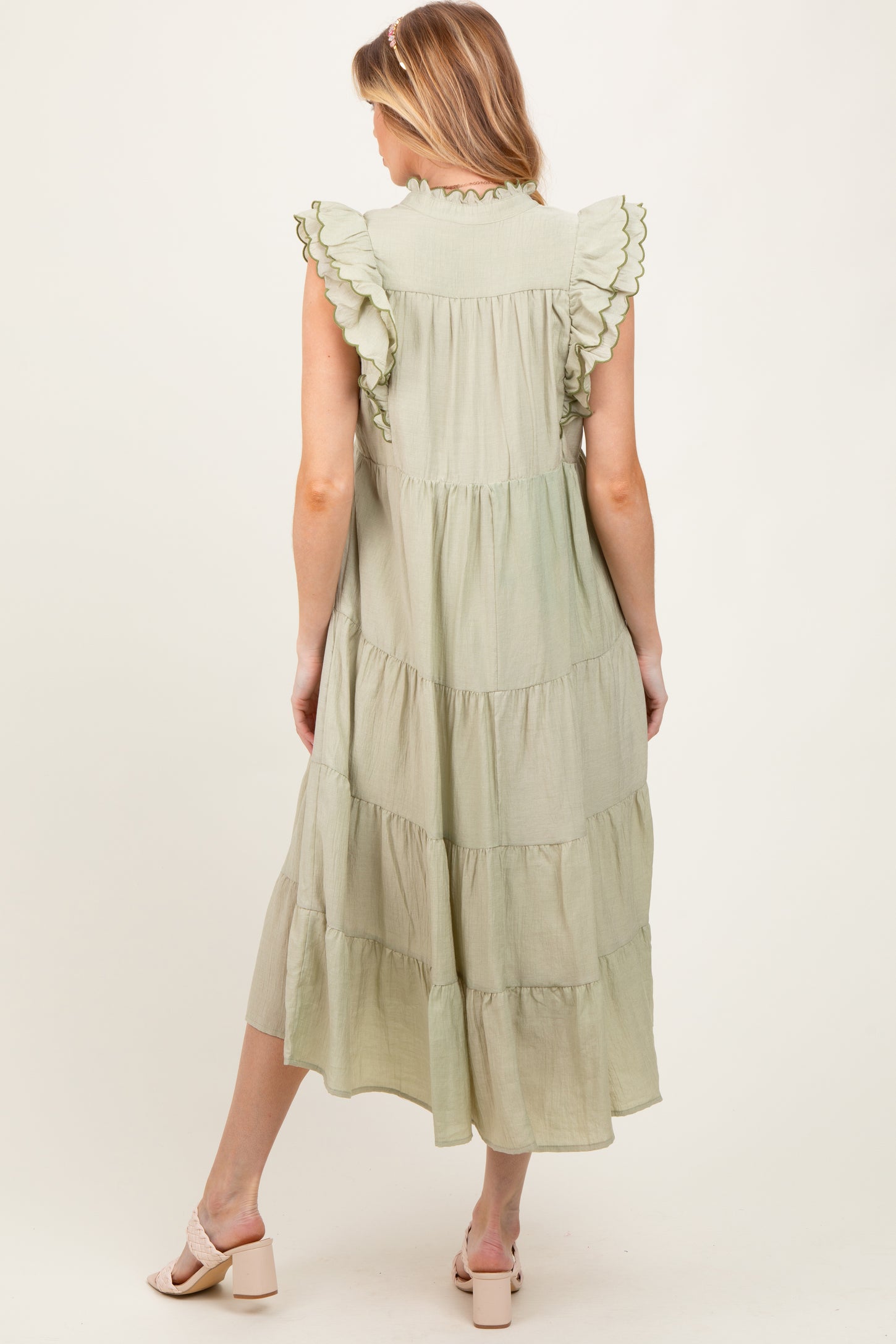 Light Olive Scallop Detail Tiered Maternity Midi Dress