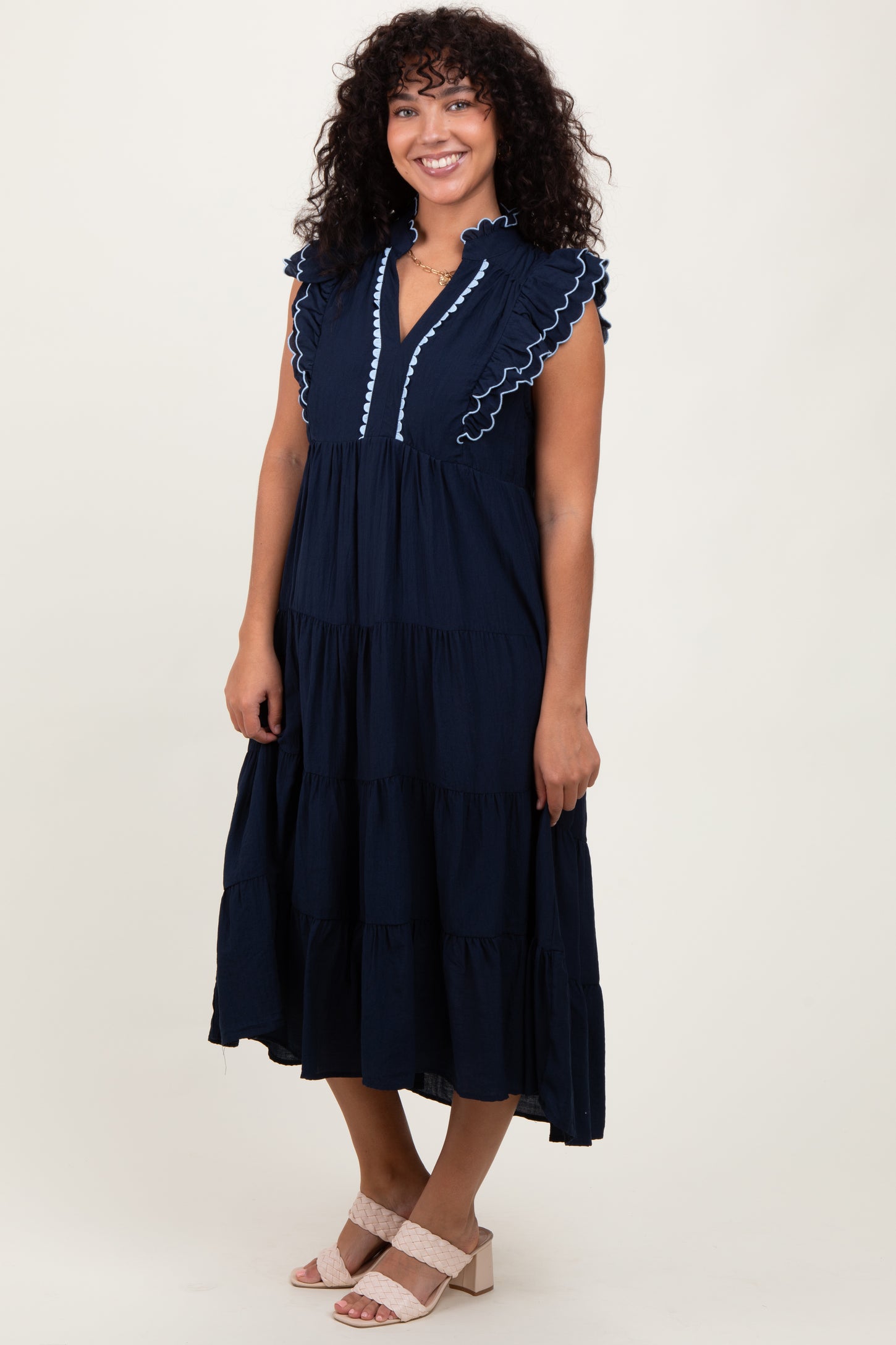 Navy Scallop Detail Tiered Midi Dress