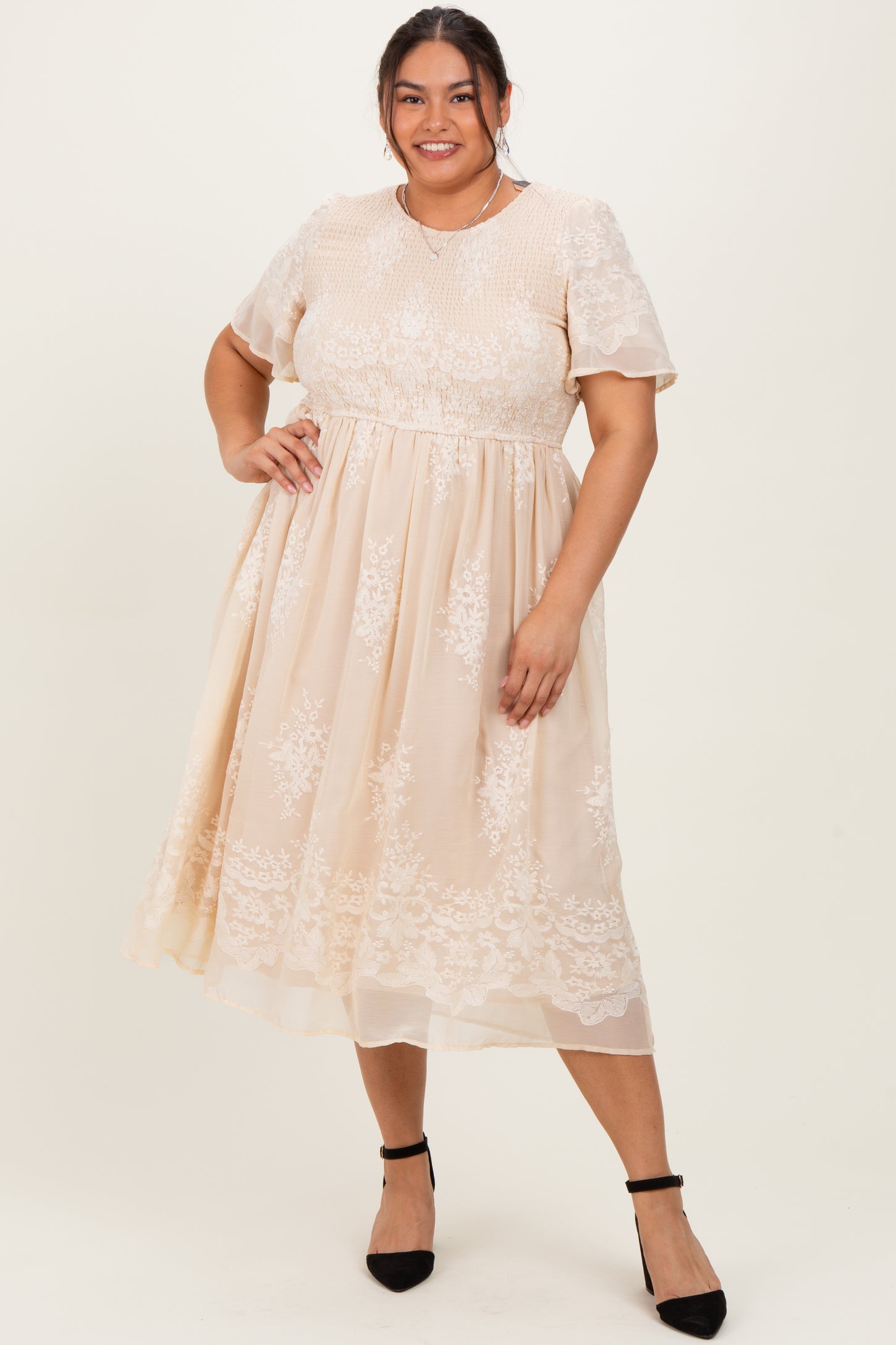 Cream Embroidered Smocked Maternity Plus Midi Dress