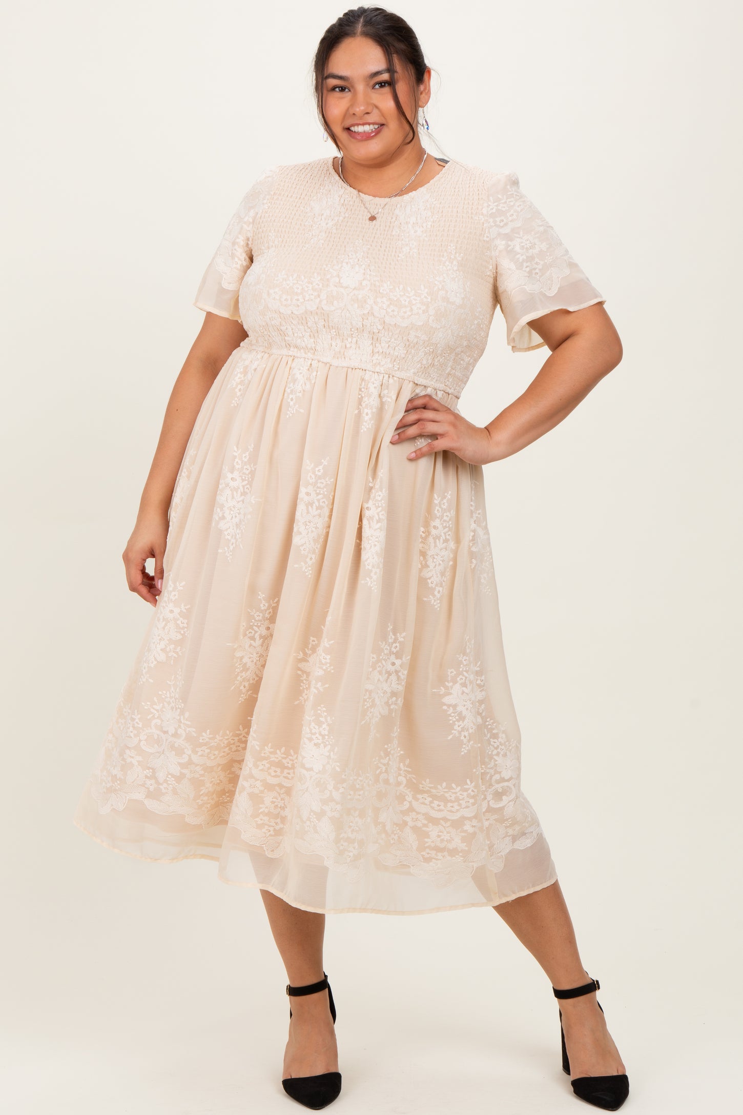 cream embroidered midi dress Cream Embroidered Trim Midi Dress
