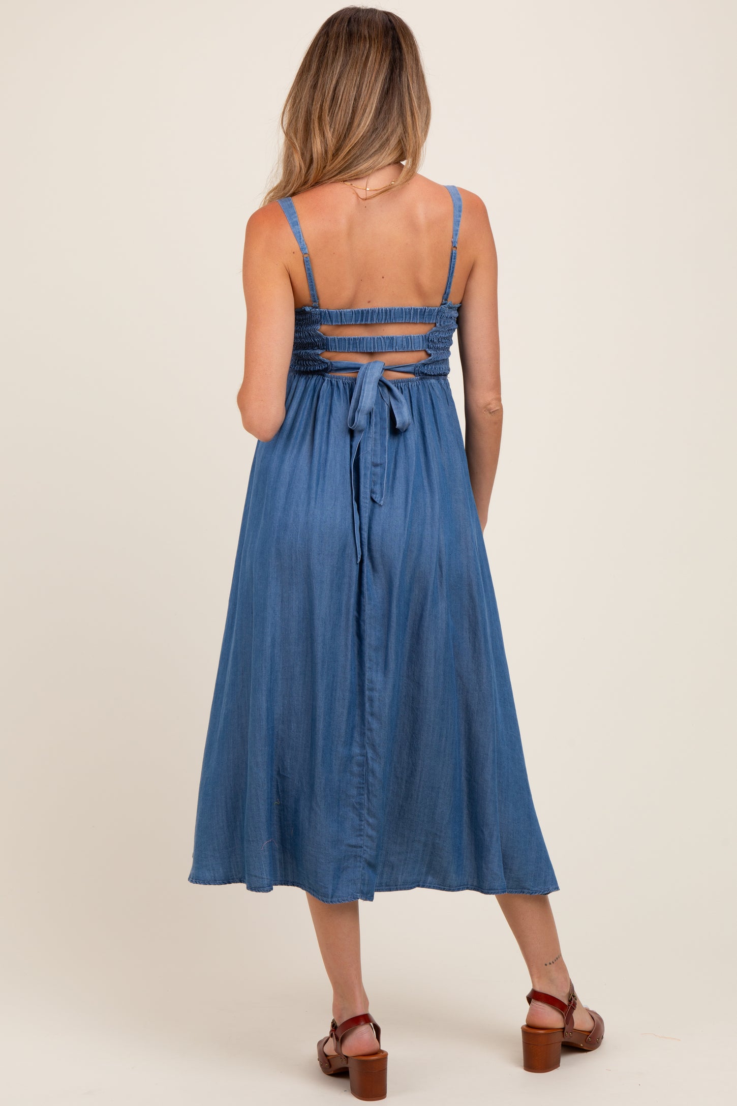 Blue Smocked Chambray Tie Back Cutout Maternity Midi Dress PinkBlush Blue Smocked Chambray Tie Back Cutout Maternity Midi Dress PinkBlush