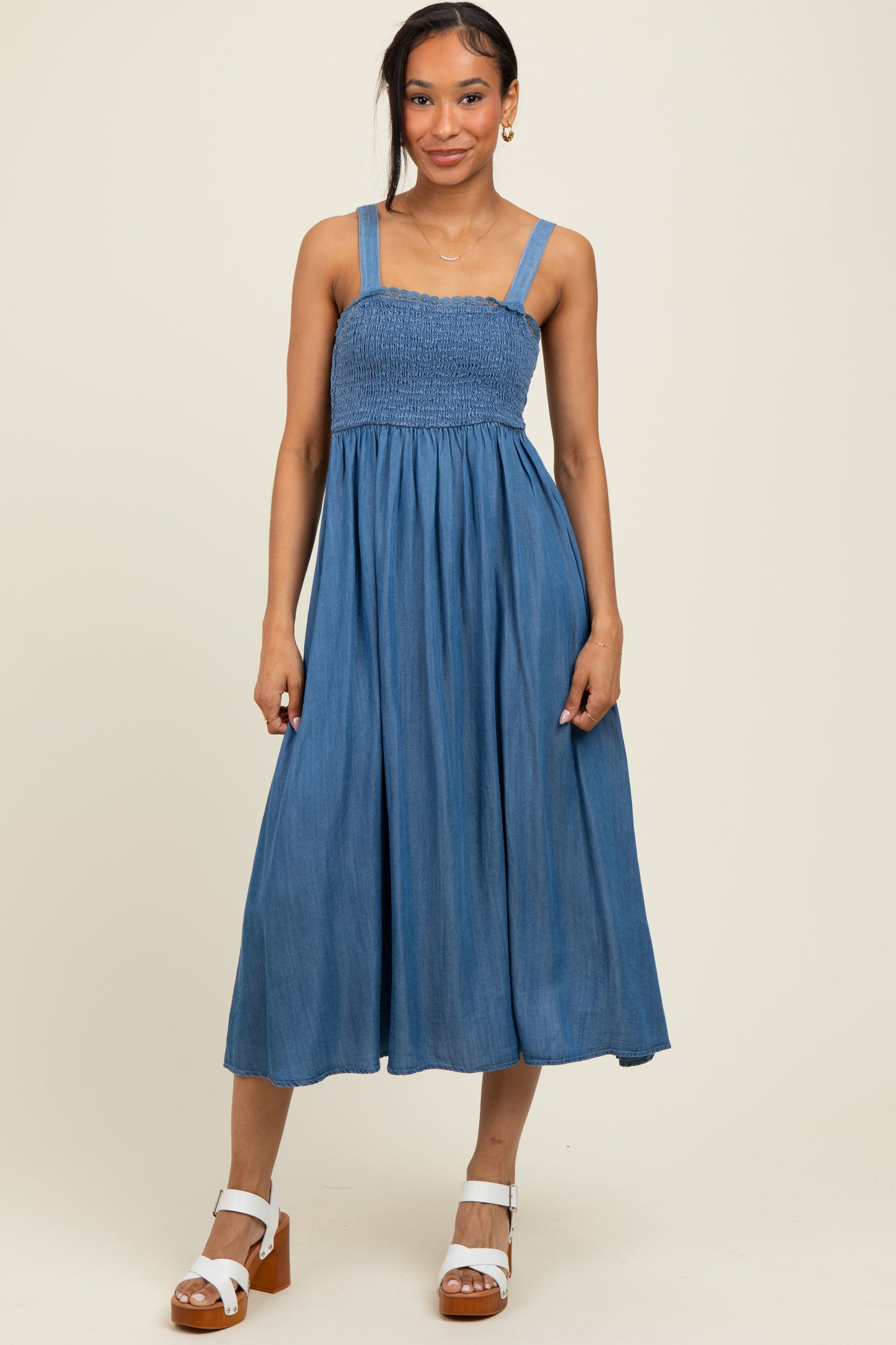 Blue Smocked Chambray Tie Back Cutout Midi Dress – PinkBlush Blue Smocked Chambray Tie Back Cutout Midi Dress – PinkBlush