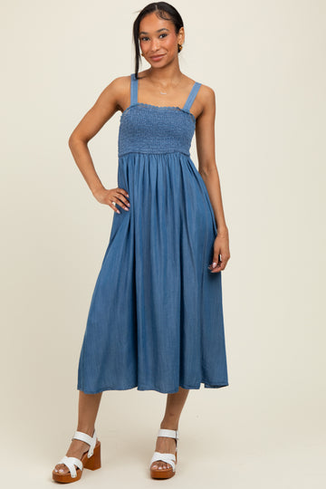 Blue Smocked Chambray Tie Back Cutout Midi Dress