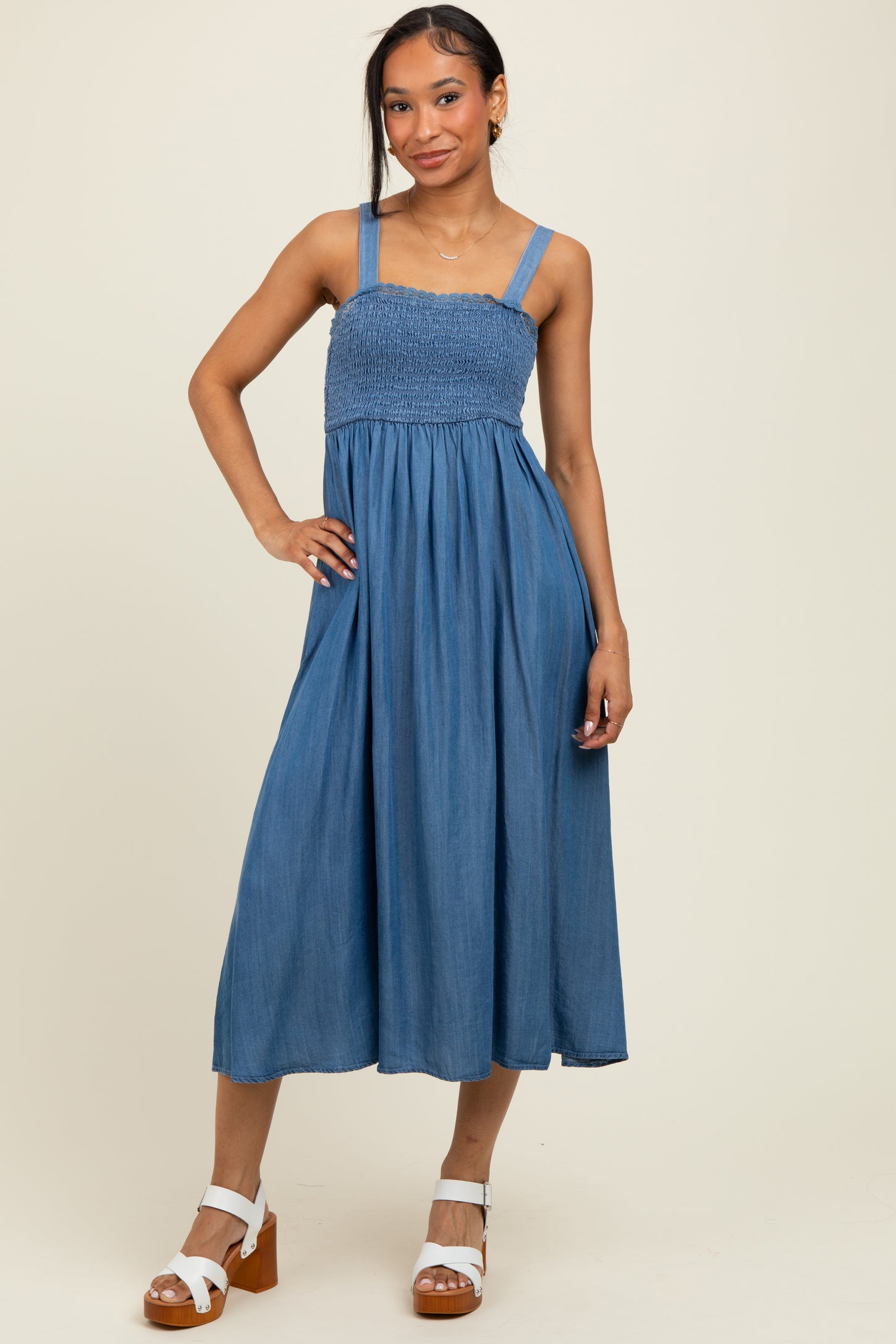 slim fit dress slacks Blue Smocked Chambray Tie Back Cutout Midi Dress