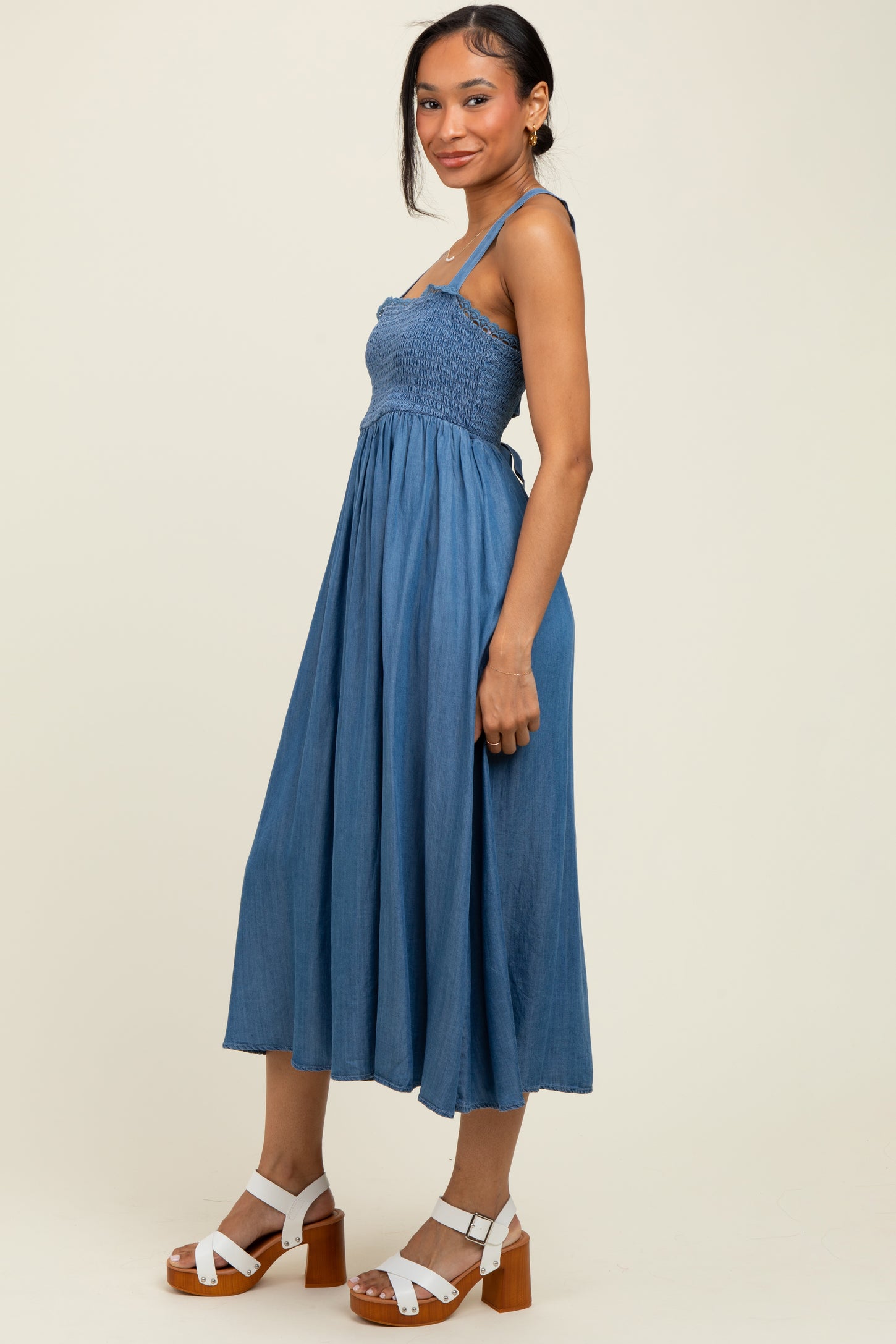 Blue Smocked Chambray Tie Back Cutout Midi Dress – PinkBlush
