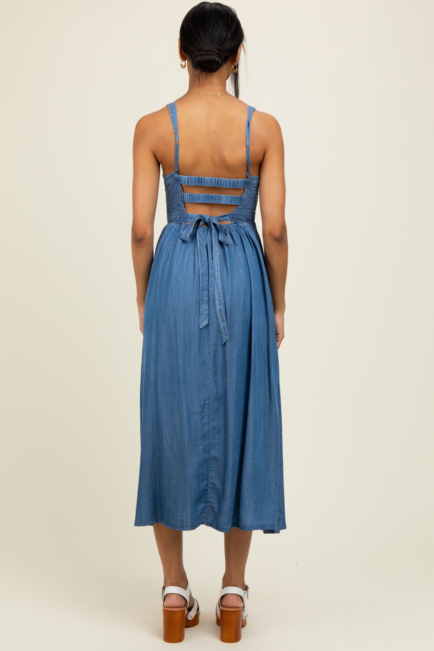 white christmas dresses Blue Smocked Chambray Tie Back Cutout Midi Dress – PinkBlush