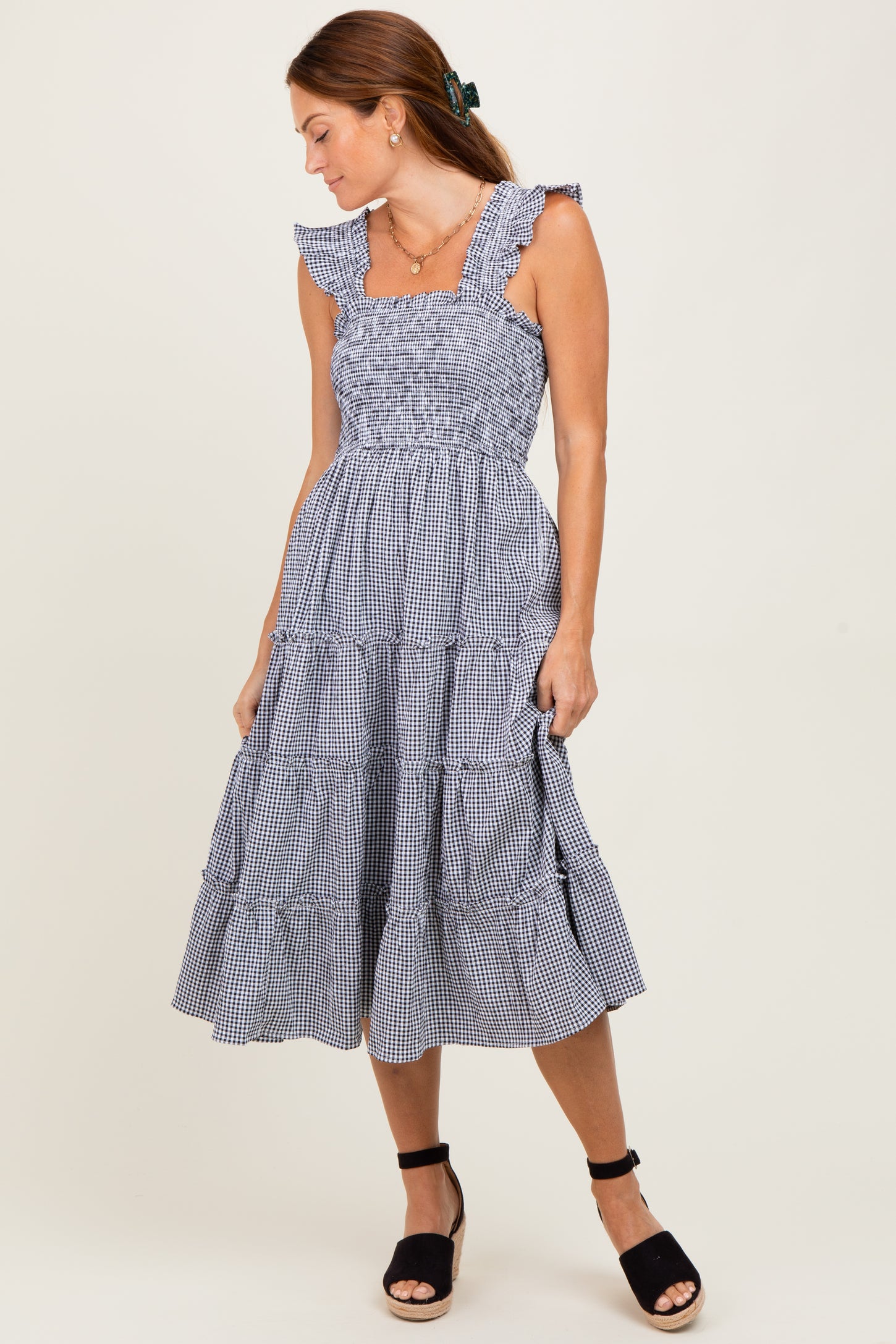 Black Gingham Ruffle Tiered Midi Dress