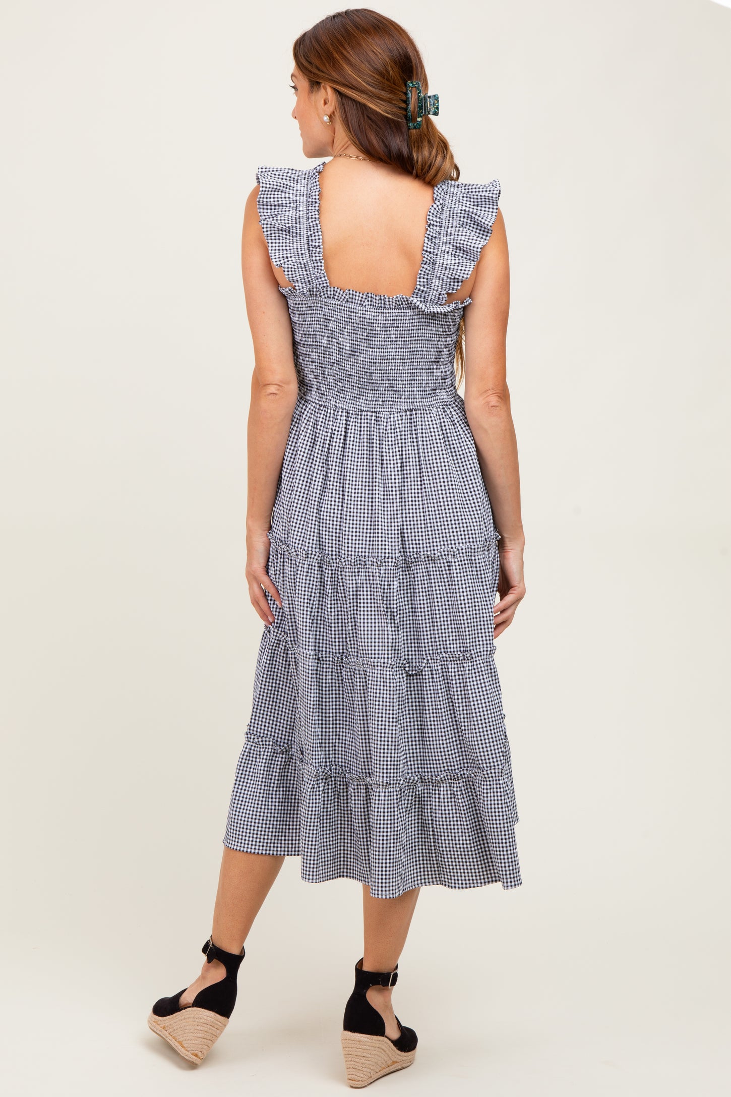 Black Gingham Ruffle Tiered Midi Dress