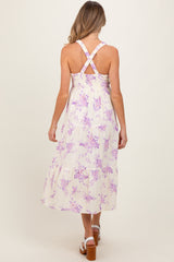 Cream Floral Tiered Crisscross Back Maternity Midi Dress