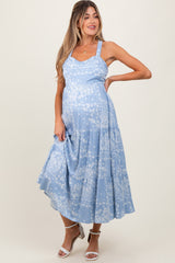 Light Blue Floral Tiered Crisscross Back Maternity Midi Dress