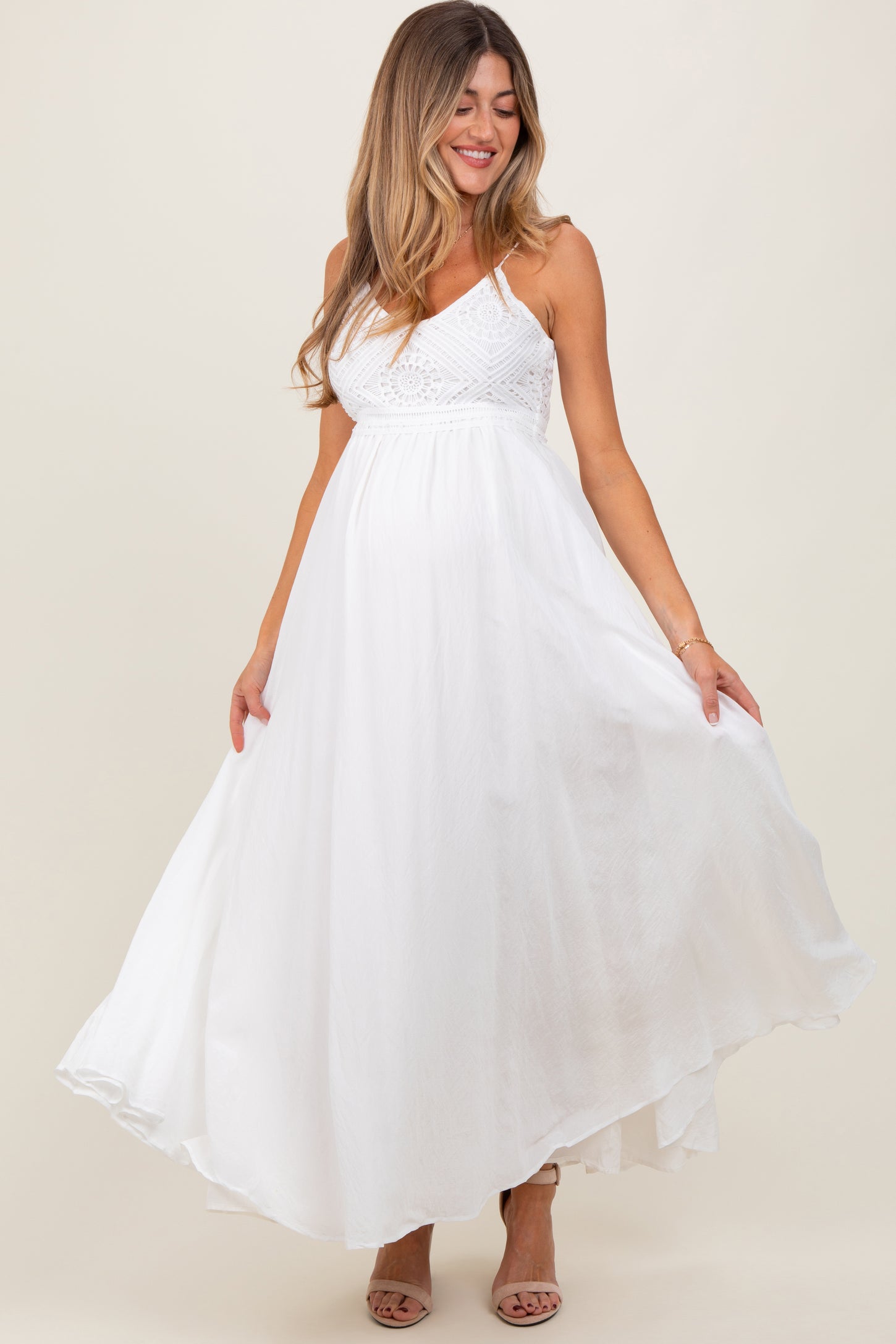 White Crochet Bodice Maternity Maxi Dress