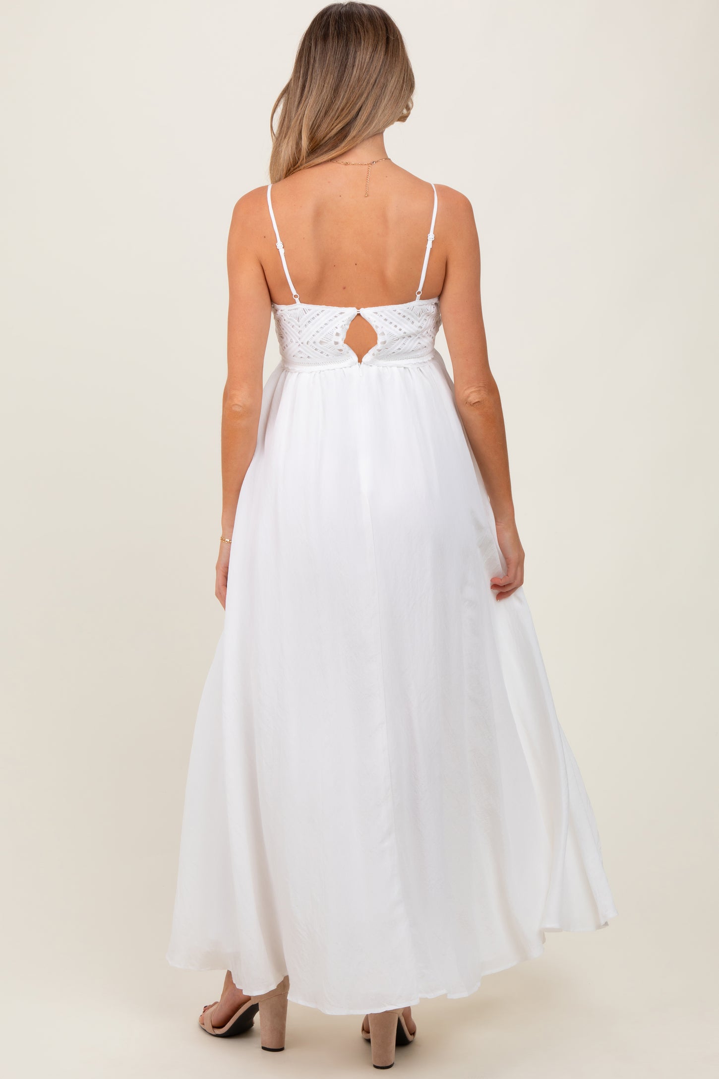 white backless maternity dress Momyknows White Halter Neck Lace Splicing Backless Maternity Photoshoot Maxi Dress, White / L