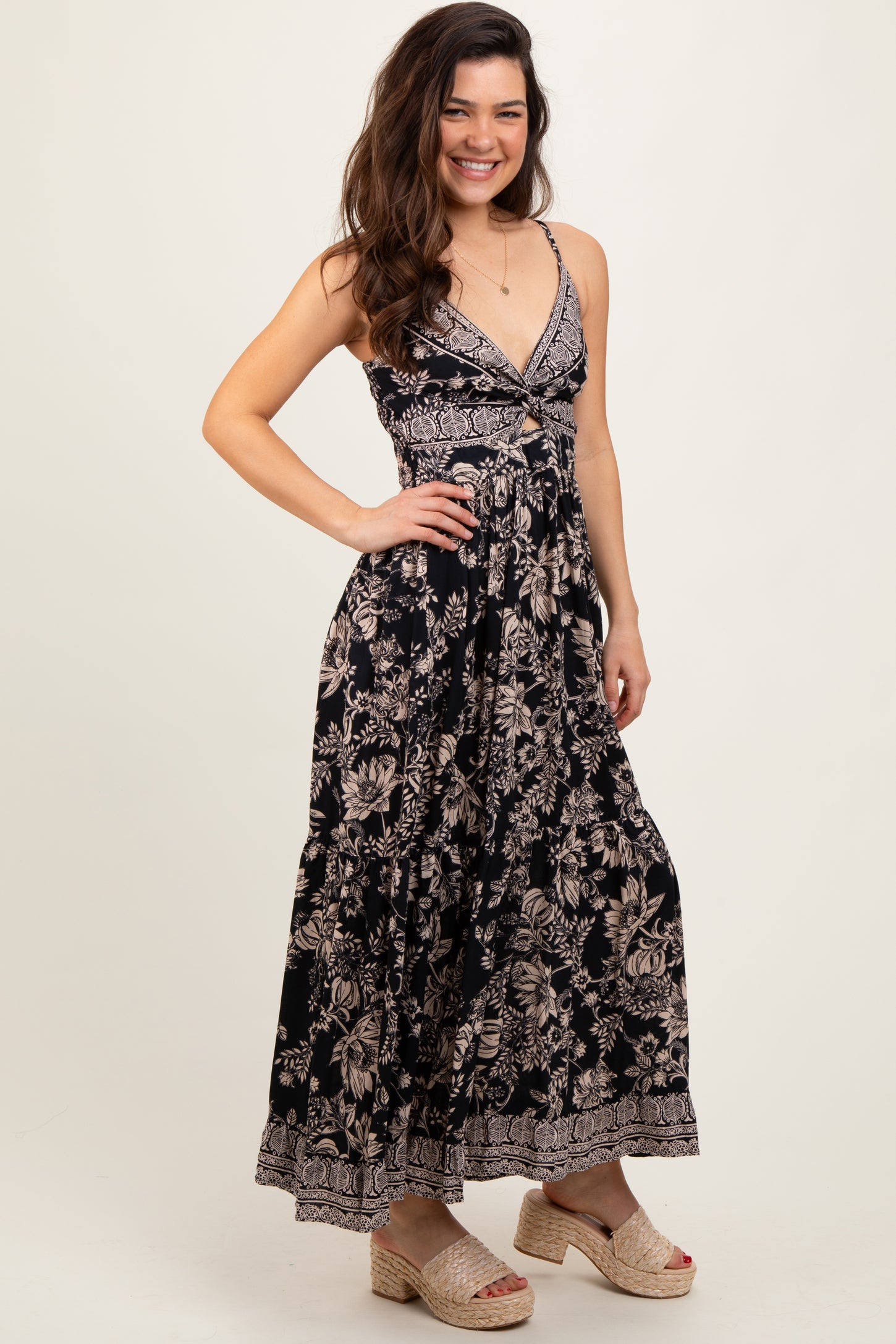Black Floral Twist Front Cut Out Maxi Dress