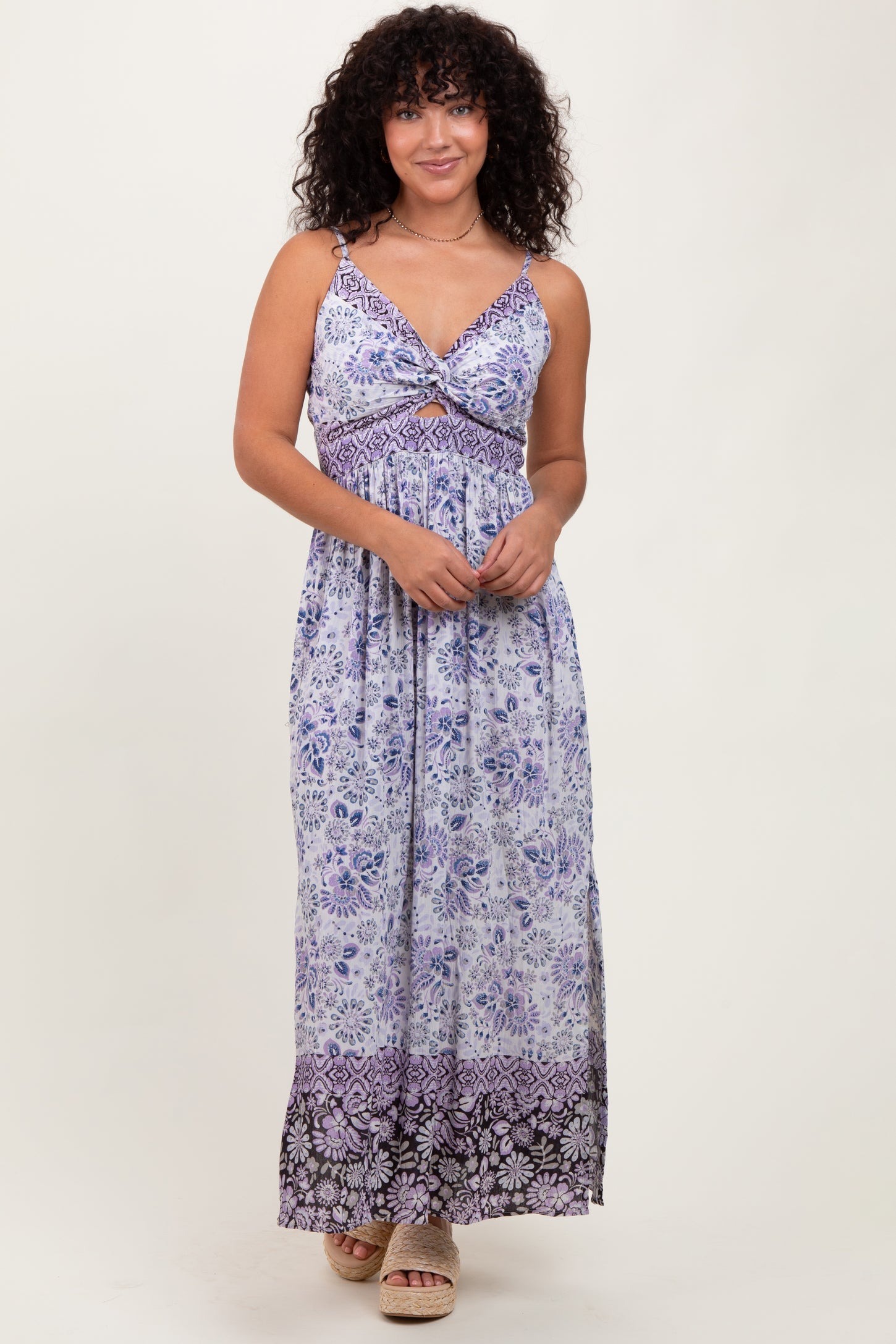 Blue Floral Front Cutout Side Slit Maternity Maxi Dress