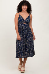 Navy Floral Twist Front Cut Out Midi Dress