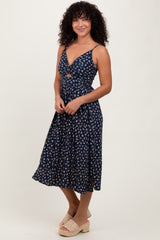 Navy Floral Twist Front Cut Out Midi Dress